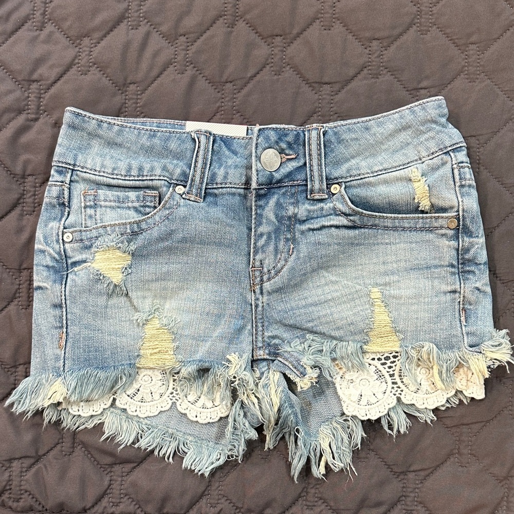 Daytrip Girls Light Blue Distressed Denim Shorts with Crochet Trim